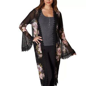 Polly & Esther Sheer Floral Lace-Trimmed Kimono Sz M